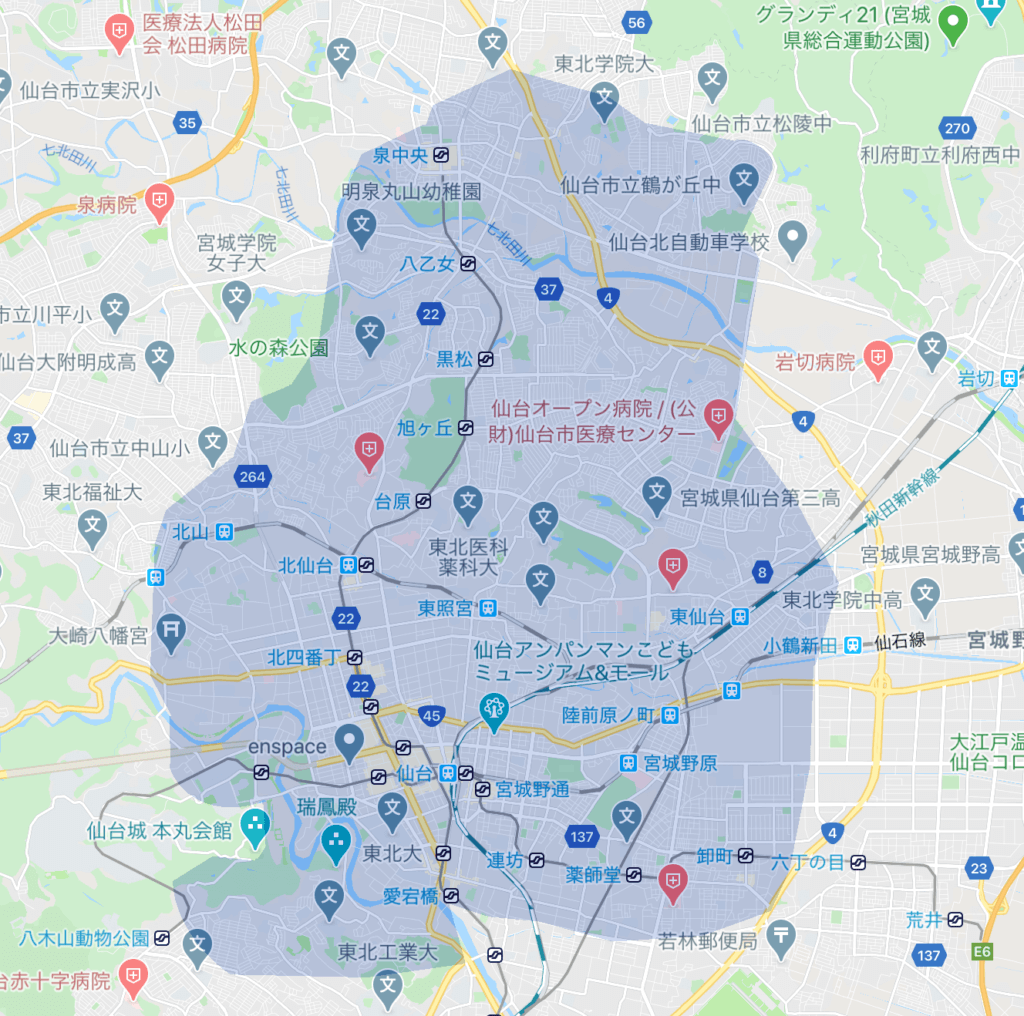 Uber Eats（ウーバーイーツ）宮城県仙台市のエリア